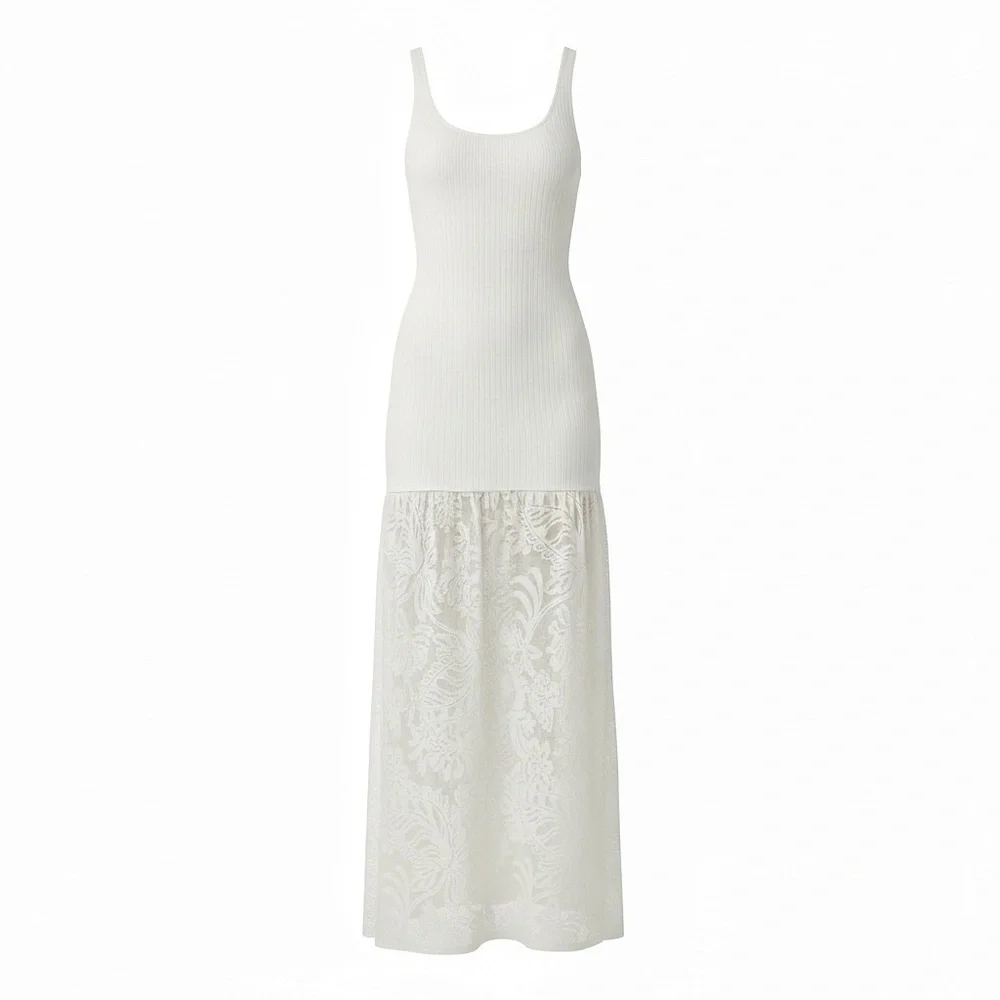 BEC & BRIDGE Rissa Ribbed Knit Dress W/ Mesh Lace Skirt, Ivory, Large - Picture 8 of 15
